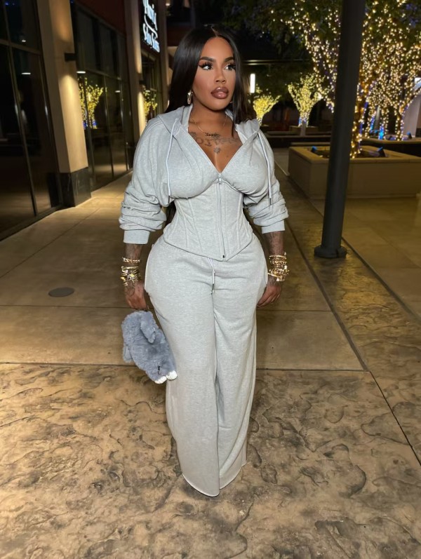 Solid Color Hooded Tie Up Two Piece Pants Set TK-6347