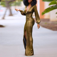 Long Sleeve V Neck Pleated Maxi Dress YF-20090