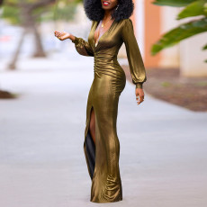 Long Sleeve V Neck Pleated Maxi Dress YF-20090