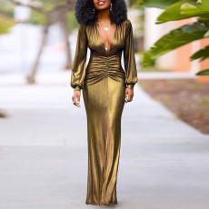 Long Sleeve V Neck Pleated Maxi Dress YF-20090