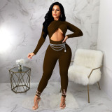 Sexy Cross Hollow Out Solid Jumpsuit (without chain) YF-9963