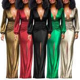 Long Sleeve V Neck Pleated Maxi Dress YF-20090