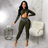 Sexy Cross Hollow Out Solid Jumpsuit (without chain) YF-9963