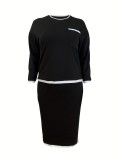 Plus Size O Neck Long Sleeve Tops Split Long Skirt Suit GAWE-6714