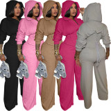 Solid Color Hooded Tie Up Two Piece Pants Set TK-6347