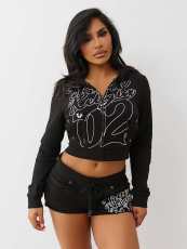 Letter Print Long Sleeve Hooded Shorts Suit GFCF-1416