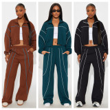 Color-blocked Stand-up Collar Two Piece Pants Set YD-8839