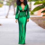 Long Sleeve V Neck Pleated Maxi Dress YF-20090