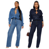 Fashion Washed Long Sleeve Denim Jumpsuit LX-3586