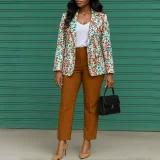 Plus Size Print Long Sleeve Blazer Coat Pans Suit GATE-603