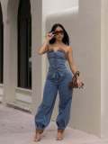 Fashion Denim Wrap Chest Two Piece Pants Set  MEM-88669