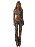 Camouflage Print Tie Up Two Piece Pants Set SHD-9577