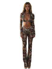 Camouflage Print Tie Up Two Piece Pants Set SHD-9577