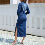 Lapel Neck Long Sleeve Denim Maxi Dress GDAM-218776