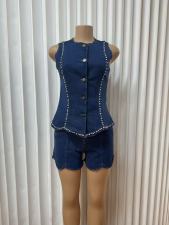 Plus Size Diamond-studded Metal Buckle Top And Shorts Set GMYU-6673