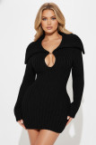 Lapel Lantern Sleeve Knit Mini Dress NY-110