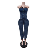 Fashion Denim Wrap Chest Two Piece Pants Set  MEM-88669