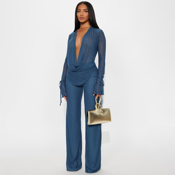 Mesh Long Sleeve Tops Two Piece Pants Set SHD-9570