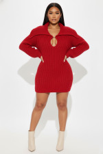 Lapel Lantern Sleeve Knit Mini Dress NY-110