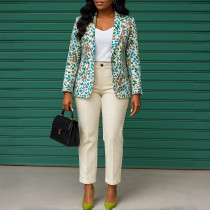 Plus Size Print Long Sleeve Blazer Coat Pans Suit GATE-603