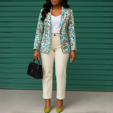 Plus Size Print Long Sleeve Blazer Coat Pans Suit GATE-603