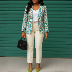 Plus Size Print Long Sleeve Blazer Coat Pans Suit GATE-603