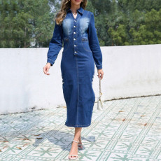 Lapel Neck Long Sleeve Denim Maxi Dress GDAM-218776