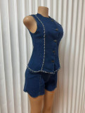 Plus Size Diamond-studded Metal Buckle Top And Shorts Set GMYU-6673