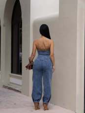 Fashion Denim Wrap Chest Two Piece Pants Set  MEM-88669