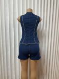Plus Size Diamond-studded Metal Buckle Top And Shorts Set GMYU-6673