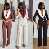 Plus Size Contrast Color Blazer Pant Suit NY-3755