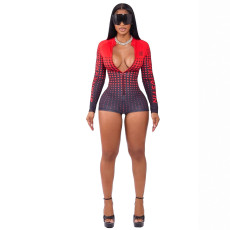 Polka Dot Print Zipper Long Sleeve Romper SHD-9576