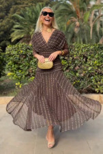 Bohemian Print V-Neck Mesh Maxi Dress GRNH-28852
