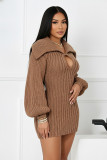 Lapel Lantern Sleeve Knit Mini Dress NY-110