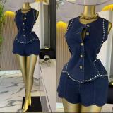 Plus Size Diamond-studded Metal Buckle Top And Shorts Set GMYU-6673