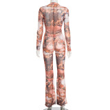 Hollow Out Print Mesh Jumpsuit MXBF-J25JP336