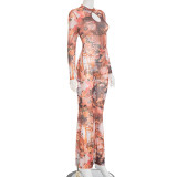 Hollow Out Print Mesh Jumpsuit MXBF-J25JP336