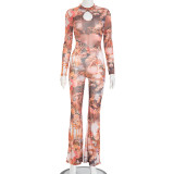 Hollow Out Print Mesh Jumpsuit MXBF-J25JP336
