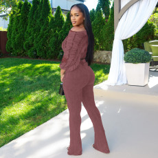 Pleated Long Sleeve Tops Micro Pant Suit GTYZ-7595