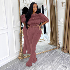 Pleated Long Sleeve Tops Micro Pant Suit GTYZ-7595