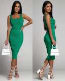 Solid Color U Neck Midi Dress GSZE-ST22037