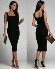 Solid Color U Neck Midi Dress GSZE-ST22037