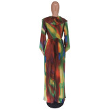 V Neck Ruffles Print Maxi Dress GCYF-9528