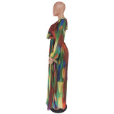 V Neck Ruffles Print Maxi Dress GCYF-9528
