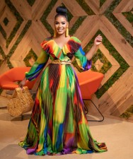 V Neck Ruffles Print Maxi Dress GCYF-9528