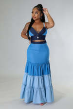 Contrast Color Wrap Chest Vest Long Skirt Suit GCYF-9349