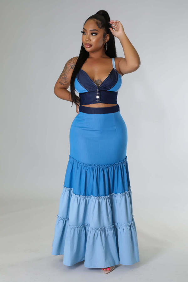 Contrast Color Wrap Chest Vest Long Skirt Suit GCYF-9349