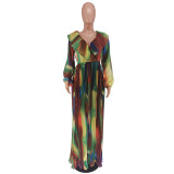 V Neck Ruffles Print Maxi Dress GCYF-9528