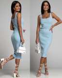 Solid Color U Neck Midi Dress GSZE-ST22037