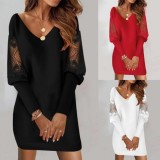 V Neck Long Sleeve Lace Patchwork Mini Dress GSZE-ST23336